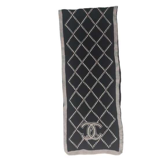 CHANEL Vintage Black & White Reversible Window Print Scarf Embroidered CC Logo - Picture 3 of 9